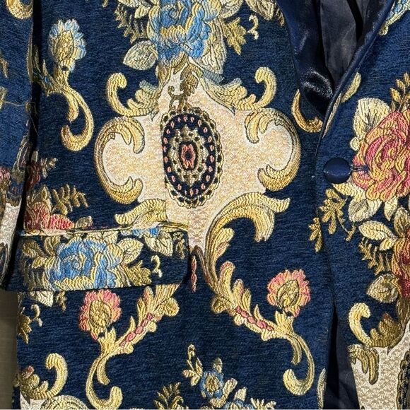 Kent & Park Blue and Gold Floral Blazer size 52R  solid sateen shawl collar - Picture 3 of 9